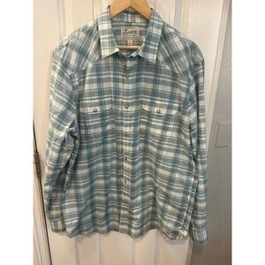 Lucky Brand Western Shirt Blue Plaid Saturday Stretch Pearl Snap Long Sleeve L